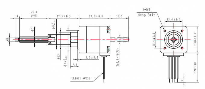 20×20×27.5mm Captive Stepper Motor dimensional diagram